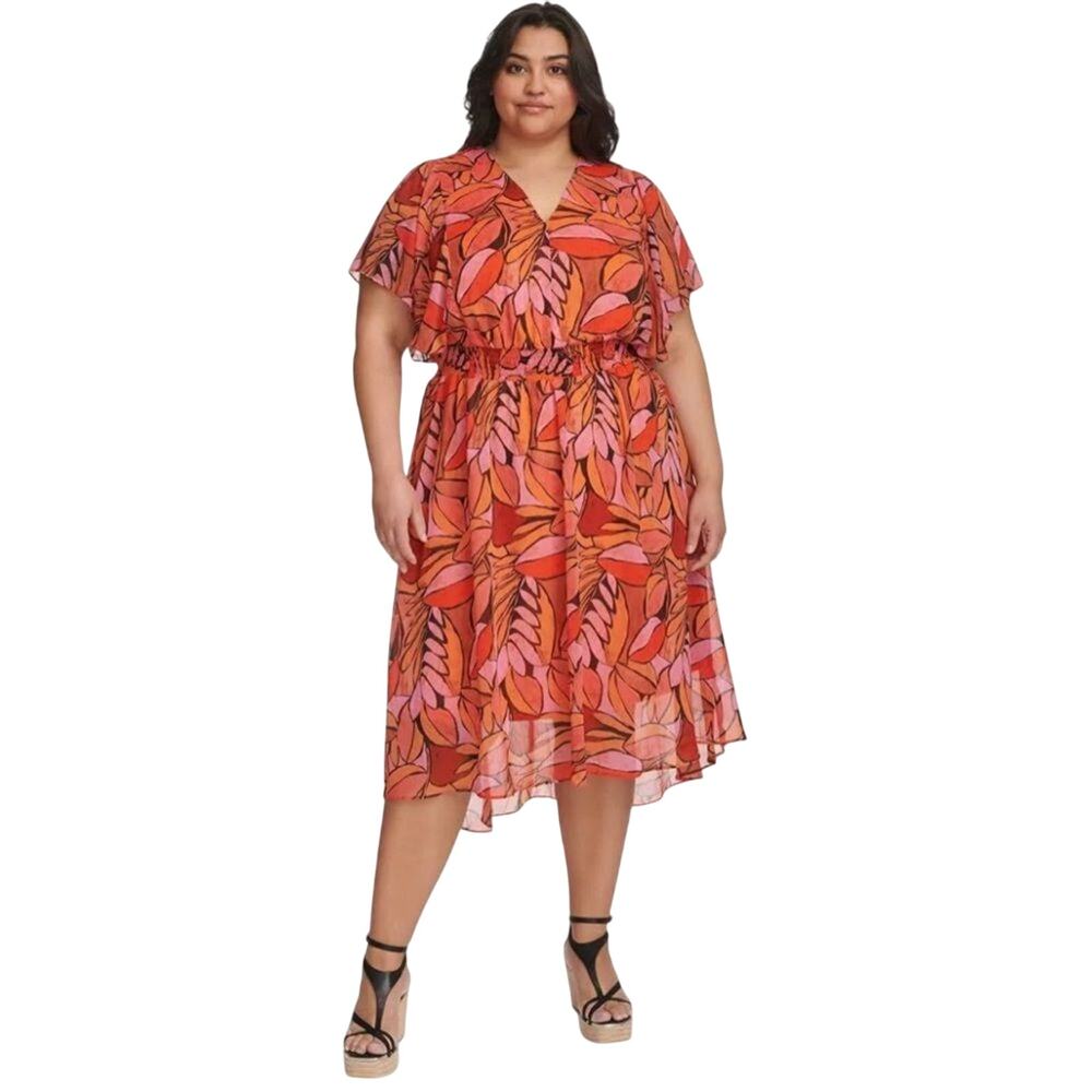 DKNY $140 Printed Colorful Fall Smocked Fit & Flare Chiffon Dress 16W